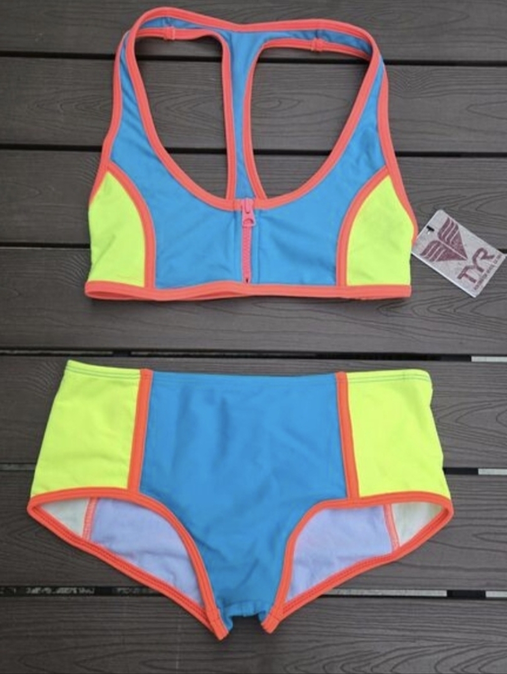 TYR Women Zip Racerback & Matching Boyshorts Bikini Neon/blue Size M New
